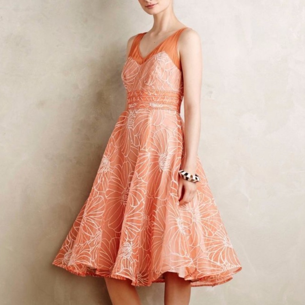 Anthropologie Orange Floral Midi Dress